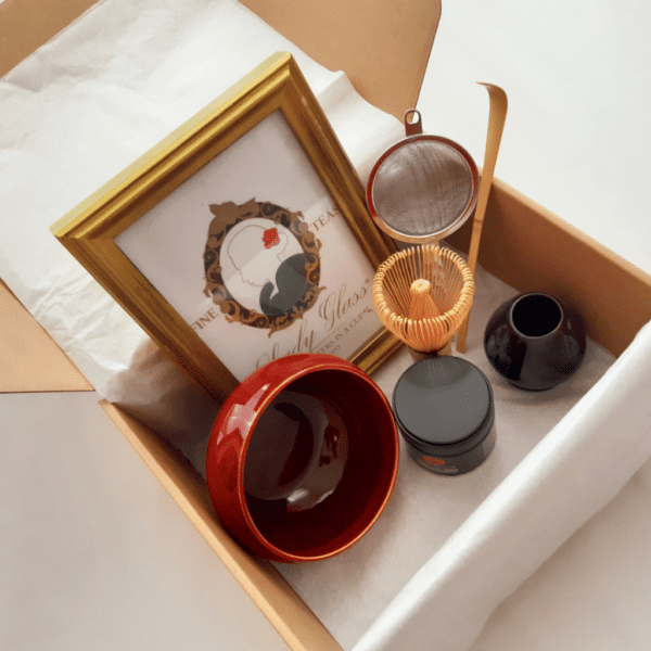 Ceremonial Matcha Set with matcha tea, chawan, chasen, chashaku, strainer, and chasen stand in a box